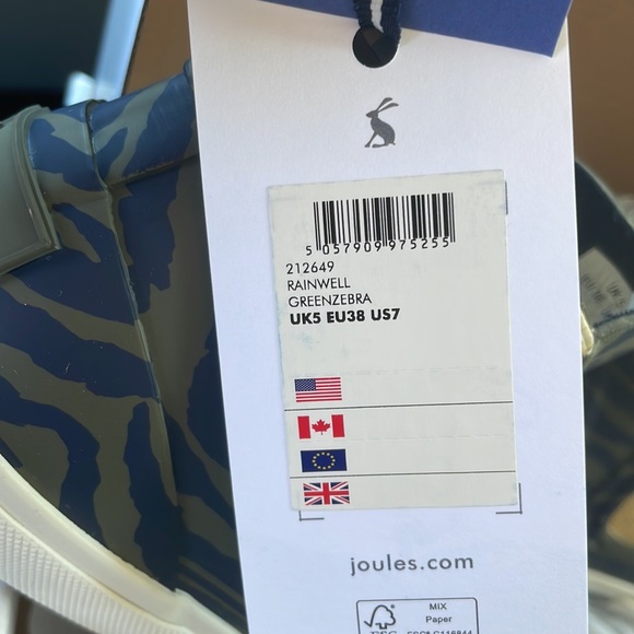 Joules Rainwell green zebra rain boots size 7 fits like an 8 - Picture 4 of 5